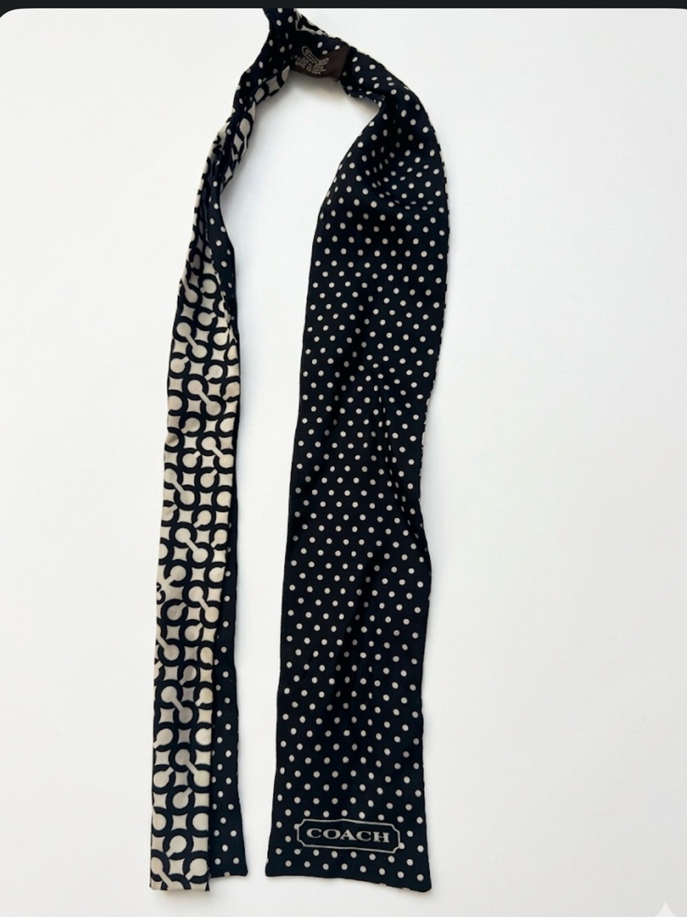 Coach Black and Cream Polka Dot Signature Skinny Purse Scarf. Reversible.